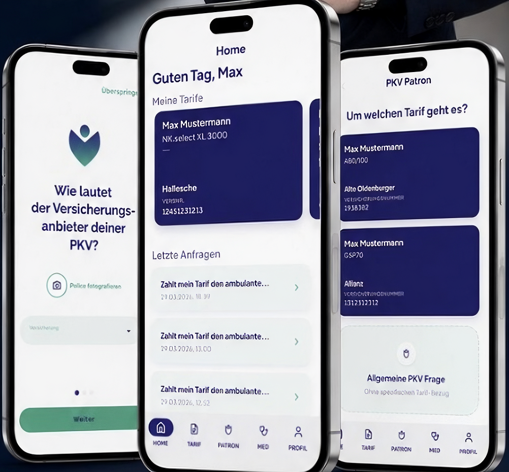 PKV Patron App: drei Smartphone-Screens mit Tarifübersicht, KI-Chatbot und Vertragsanfragen